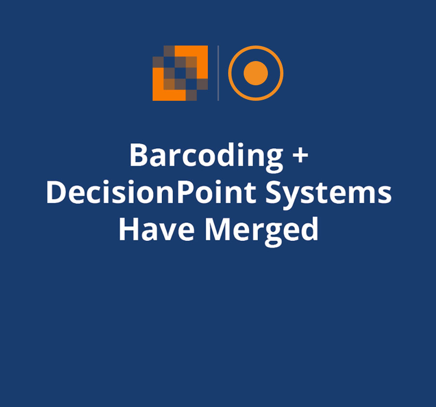 White letters on a blue background under two company icons, reading "Barcoding + DecisionPoint Systems Have Merged"