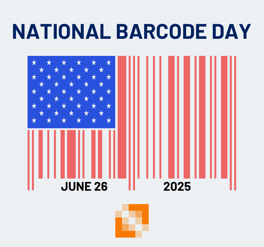The words National Barcode Day, over a stylized "American Flag" shaped barcode over the words June 26 2025.