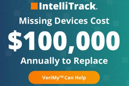Text: IntelliTrack. Missing Devices cost $100,000 annually to replace. VeriMy can help.