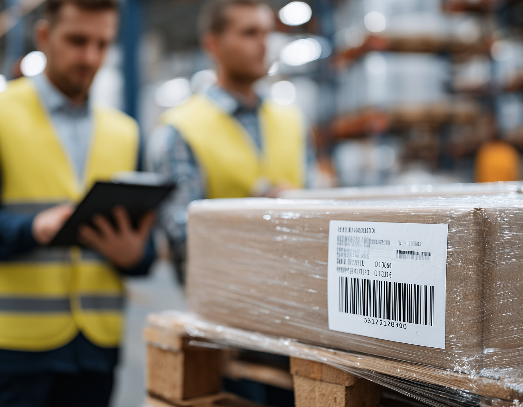 A barcode shown on a box in a wearhouse, while two men in the background use scanners with a tablet to keep track of their inventory and shipments.