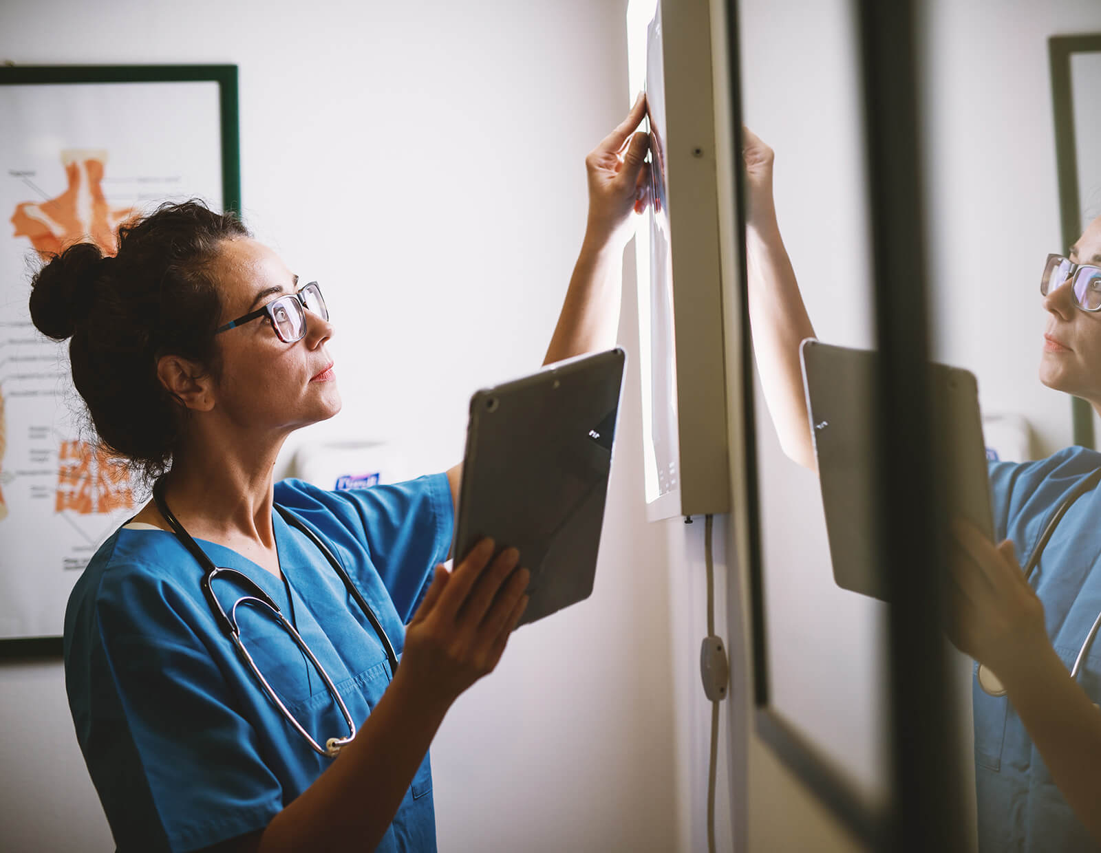 Doctor checks an xray while following a patient chart on their tablet.