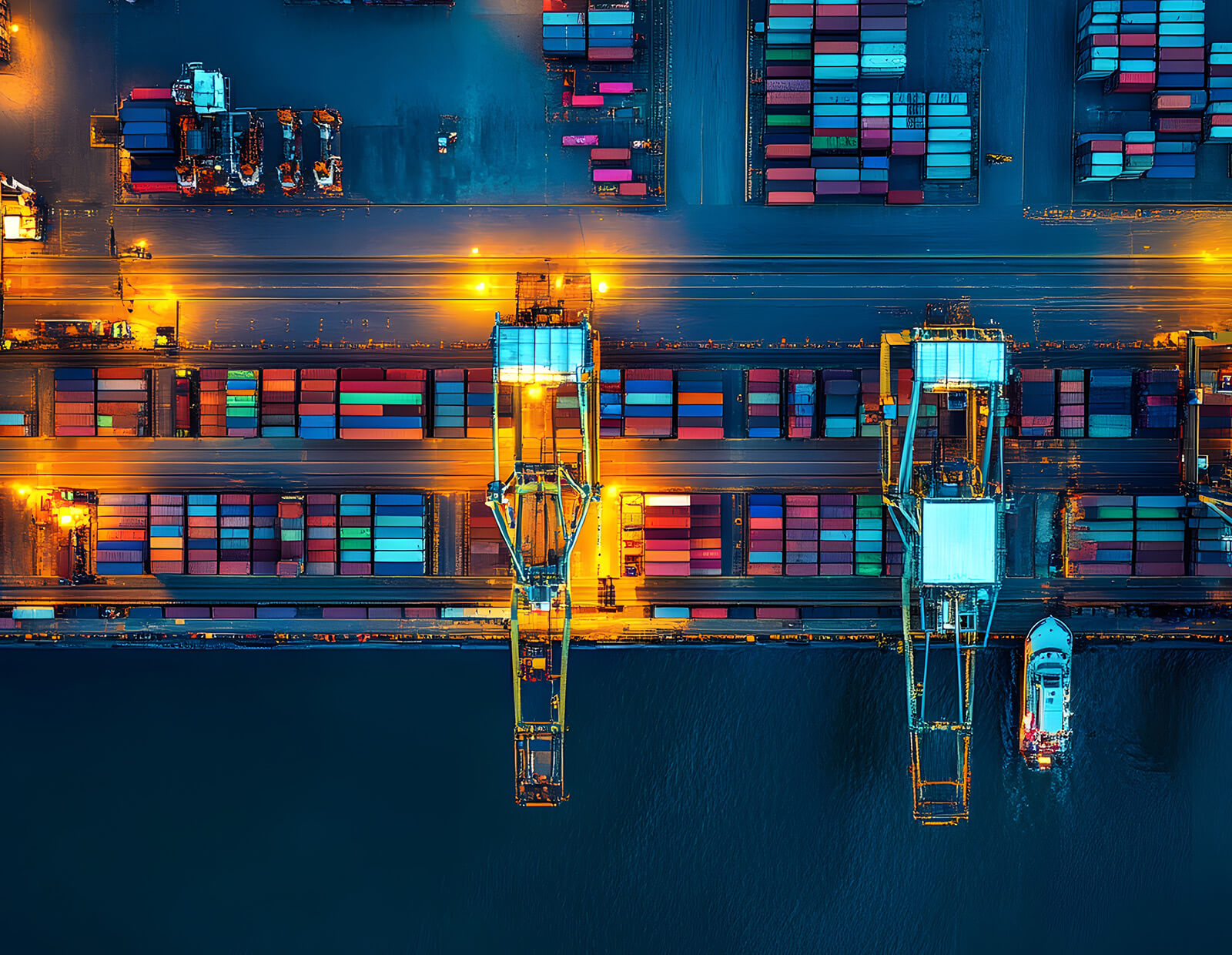 Ship doc full of shipping containers seen from above, showing complex tracking needs, beside the water.