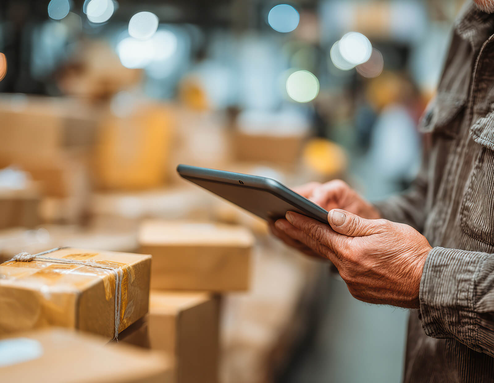 Man keeps track of his wares with his tablet using Intellitrack software.