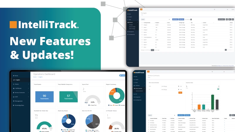 Multi-panel image showing "New Features & Updates" of the Intellitrack software, following a patch update.