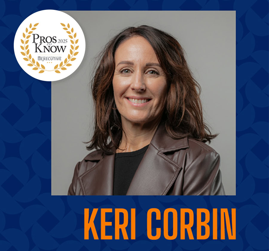 A photograph of Keri Corbin, smiling in a brown leather jacket, with an inset of her Pros to Know 2025 award.