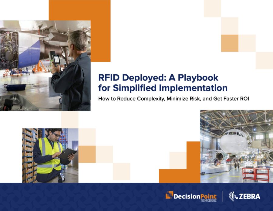 Composite image of enterprise RFID use, with the text "RFID Deployed: A Playbook for Simple Implementation"