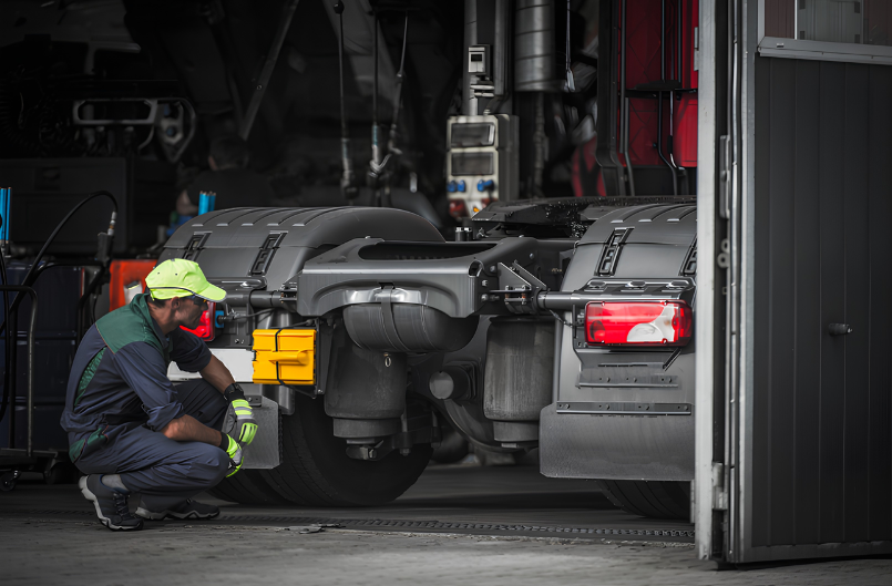 Fleet maintenance technician inspecting a commercial truck in a service bay, illustrating the hidden costs of vehicle downtime, maintenance, and inefficient fleet operations.